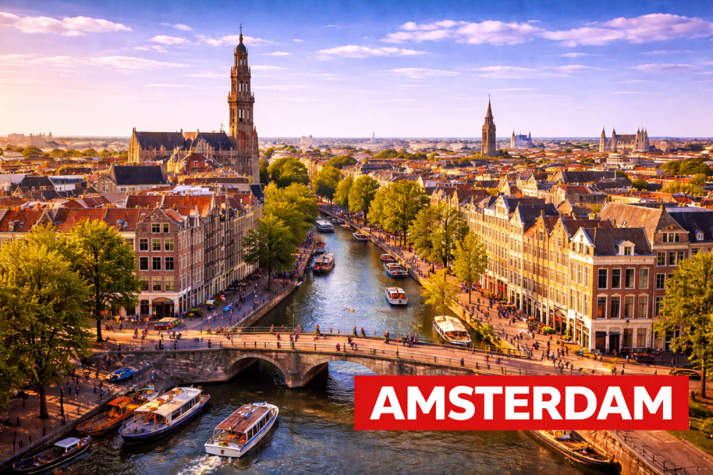 Amsterdam mit historischen Grachten, schmalen Giebelhäusern und typischen Grachtenbrücken.