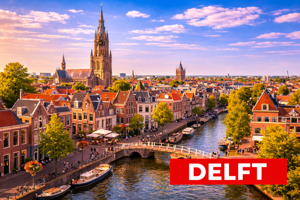 Delft mit Grachten, historischem Marktplatz und Nieuwe Kerk.