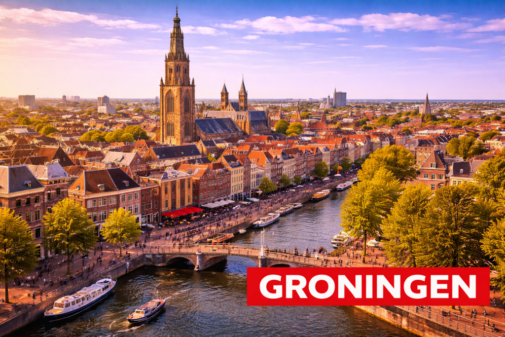 Groningen mit Martinitoren, historischen Gebäuden und lebendiger Innenstadt.
