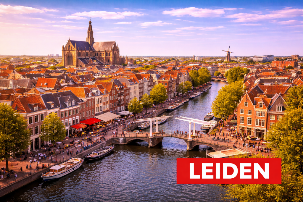 Leiden mit Grachten, historischen Universitätsgebäuden und Altstadt.