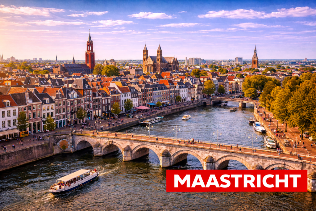 Maastricht mit Maasufer, historischer Altstadt und Sint-Servaas-Brücke.