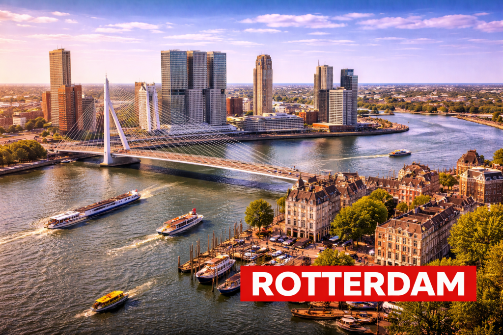 Skyline von Rotterdam mit moderner Architektur, Erasmusbrücke und Hafen.