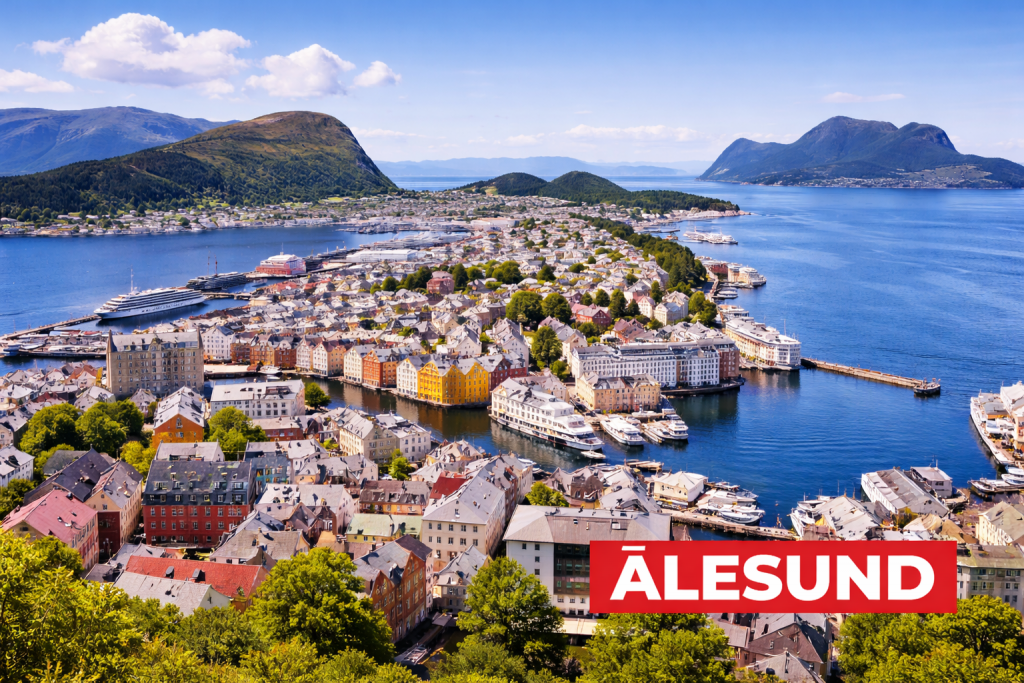 Panorama von Ålesund mit Art-Nouveau-Architektur, Hafen und umliegenden Inseln in Norwegen