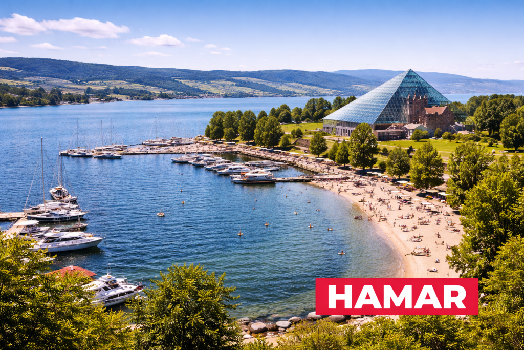 Stadt Hamar am See Mjøsa mit moderner Architektur, Hafen und grüner Landschaft im Sommer