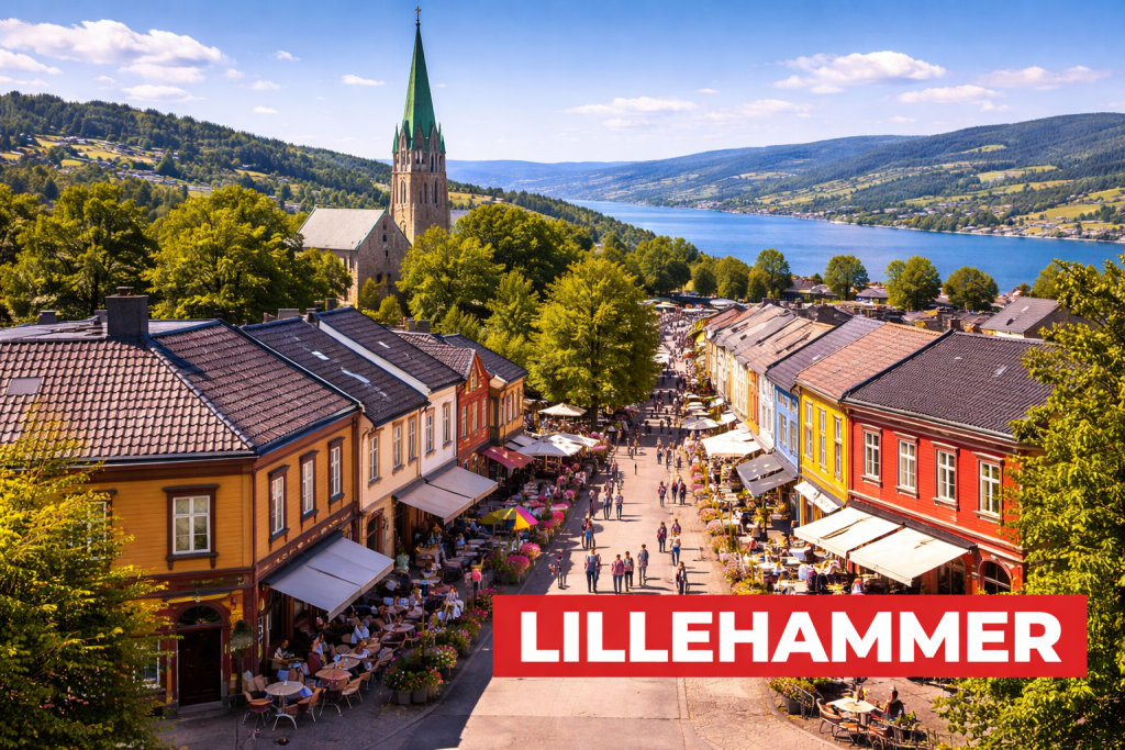 Hafen und Innenstadt von Bodø mit bunten Gebäuden und Bergen im Hintergrund bei klarem Himmel
