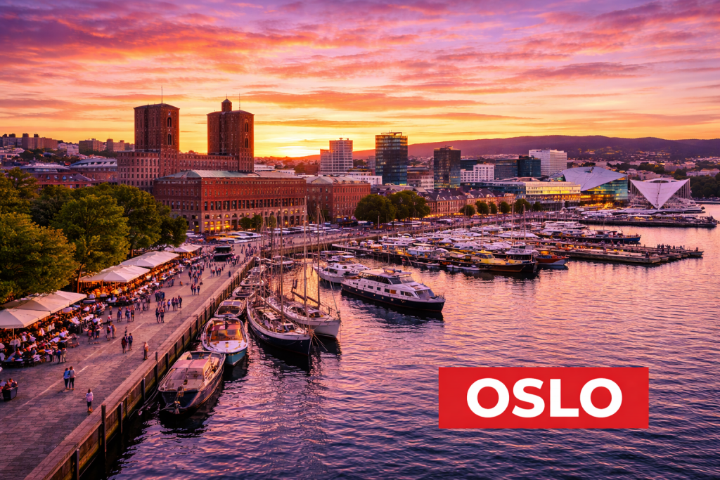 Panoramablick auf Oslo in Norwegen mit moderner Skyline, Fjord und Hafen an einem sonnigen Sommertag