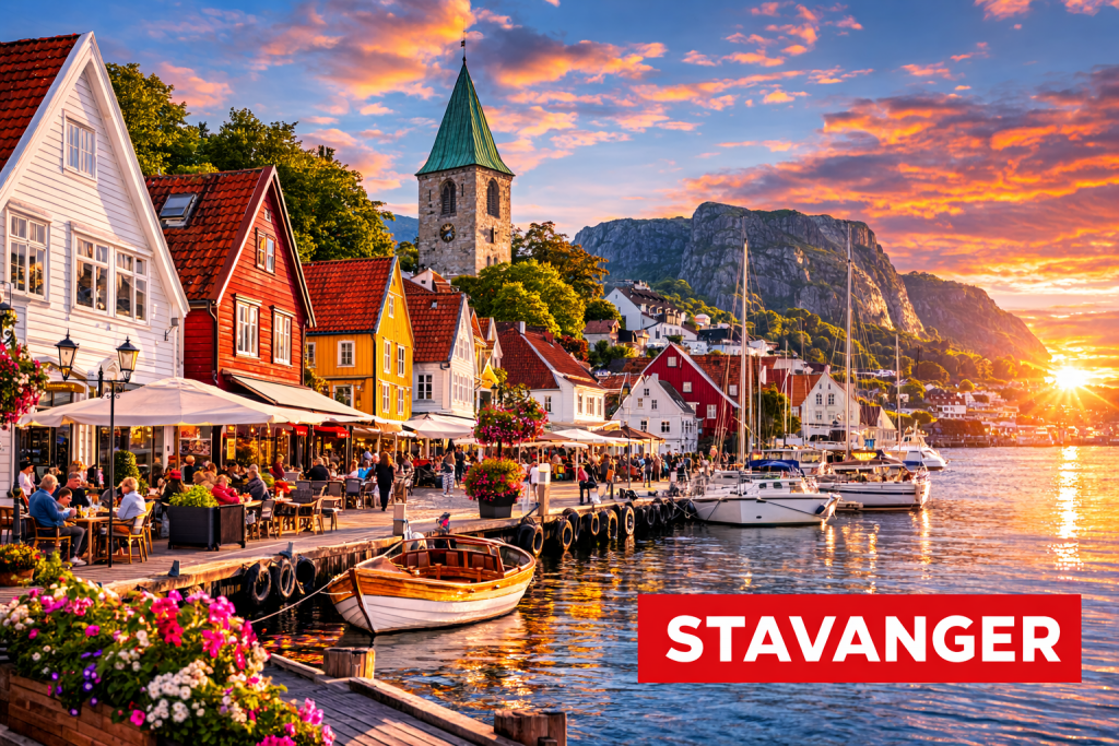 Hafen von Stavanger mit bunten Holzhäusern, Booten und der Altstadt bei sonnigem Sommerwetter