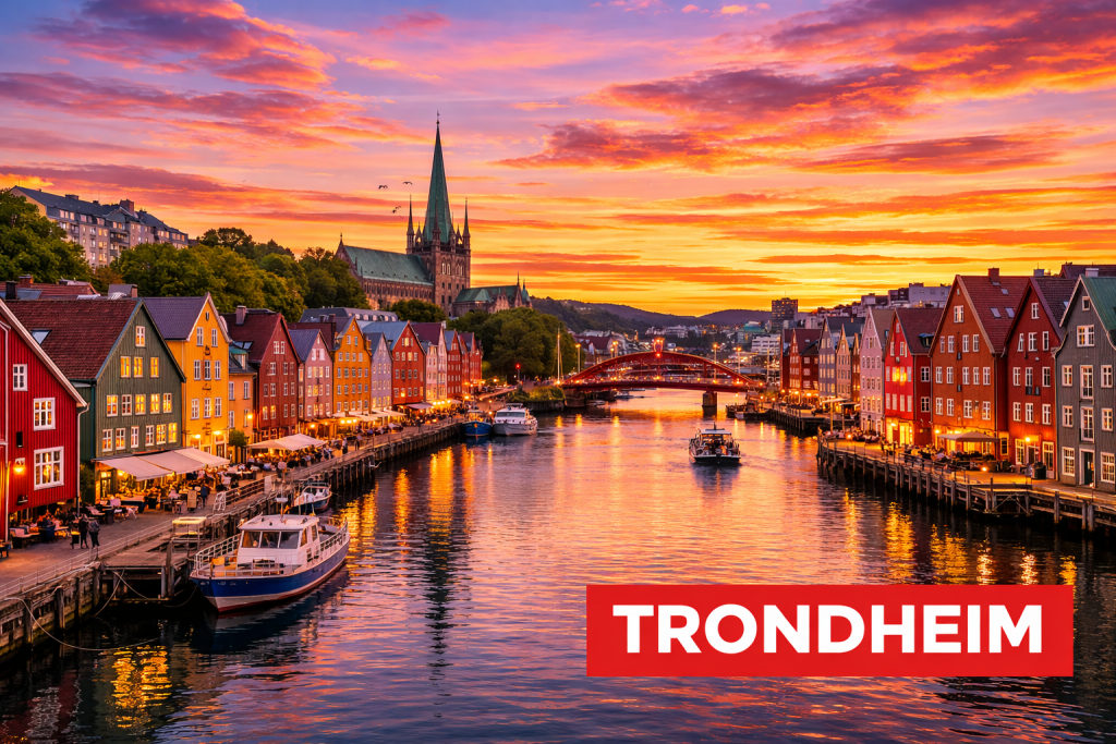 Historische Hafenfront Bryggen in Bergen mit bunten Holzhäusern und Booten im Hafen bei Sonnenschein