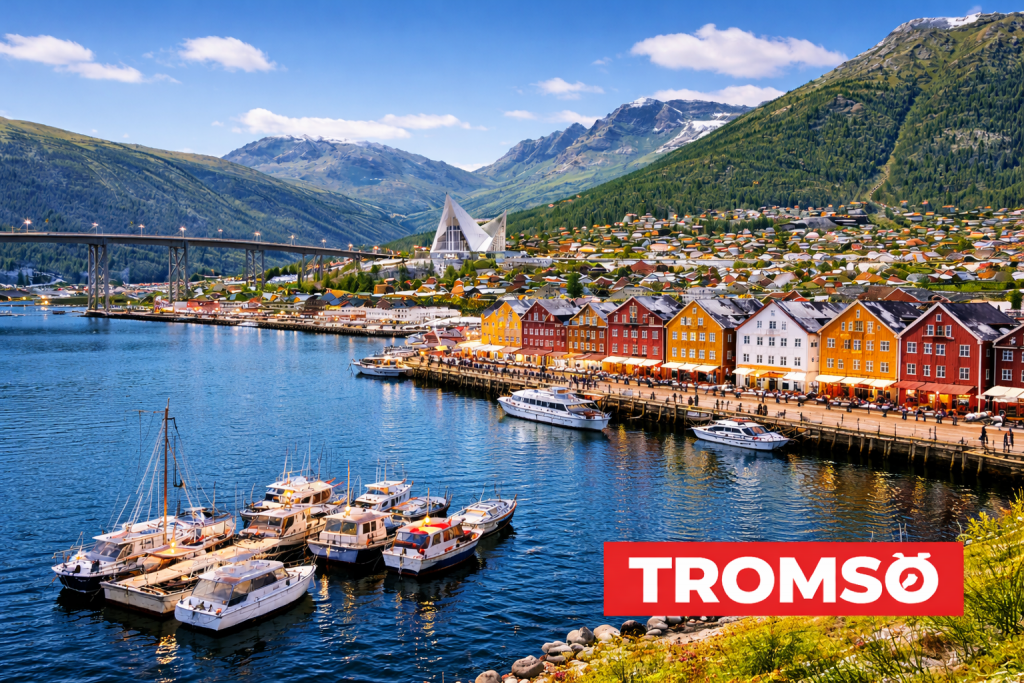 Tromsø in Nordnorwegen mit Hafen, moderner Architektur und Bergen im Hintergrund an einem klaren Sommertag