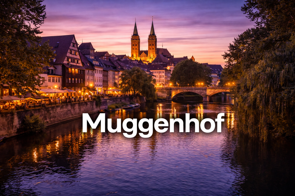 Nürnberg Skyline bei Sonnenuntergang mit Altstadt, Pegnitz und beleuchteten Gebäuden.