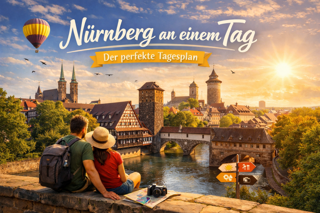 Paar sitzt auf einer Steinmauer mit Blick auf die Nürnberger Altstadt, die Pegnitz, historische Brücken und markante Kirchtürme bei goldenem Sonnenuntergang.