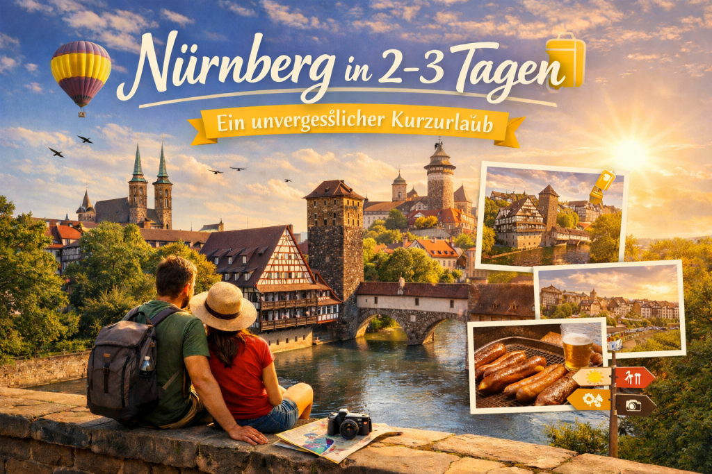 Stimmungsvolles Nürnberg-Motiv mit Blick auf die Altstadt, die Pegnitz und historische Türme, ergänzt durch kleine Bildausschnitte mit Sehenswürdigkeiten und fränkischer Küche.