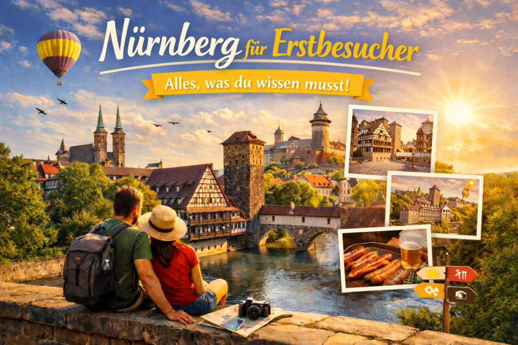 Panorama von Nürnberg mit Pegnitz, Altstadt und mittelalterlicher Architektur, ergänzt durch kleine Motive mit Sehenswürdigkeiten und fränkischem Essen.