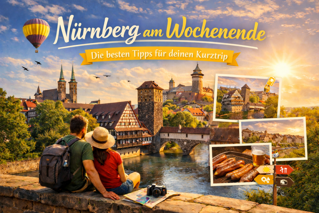 Romantischer Blick auf Nürnberg mit Altstadt, Fluss und historischen Gebäuden, dazu kleine Bildkarten mit Highlights und typischen Spezialitäten für einen Wochenendtrip.