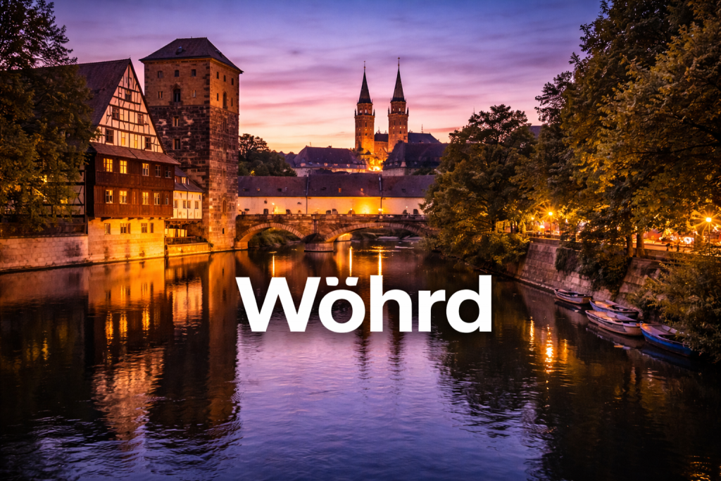 Nürnberger Altstadtpanorama bei Abendlicht mit Pegnitz, Brücke und historischen Türmen.