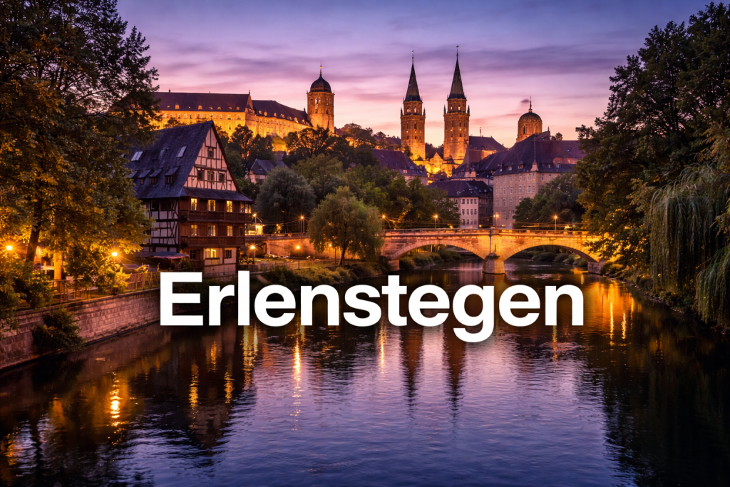 Skyline von Nürnberg bei Sonnenuntergang mit Blick auf Kaiserburg, Kirchen und Pegnitz.