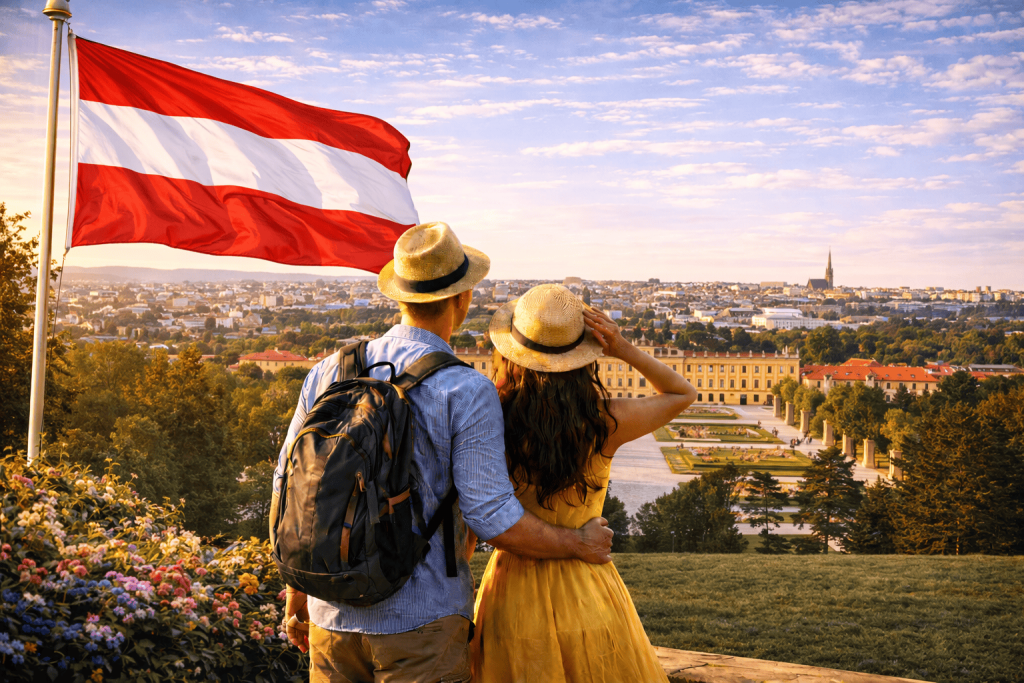 Österreichische Alpenlandschaft mit Bergen und traditioneller Bebauung