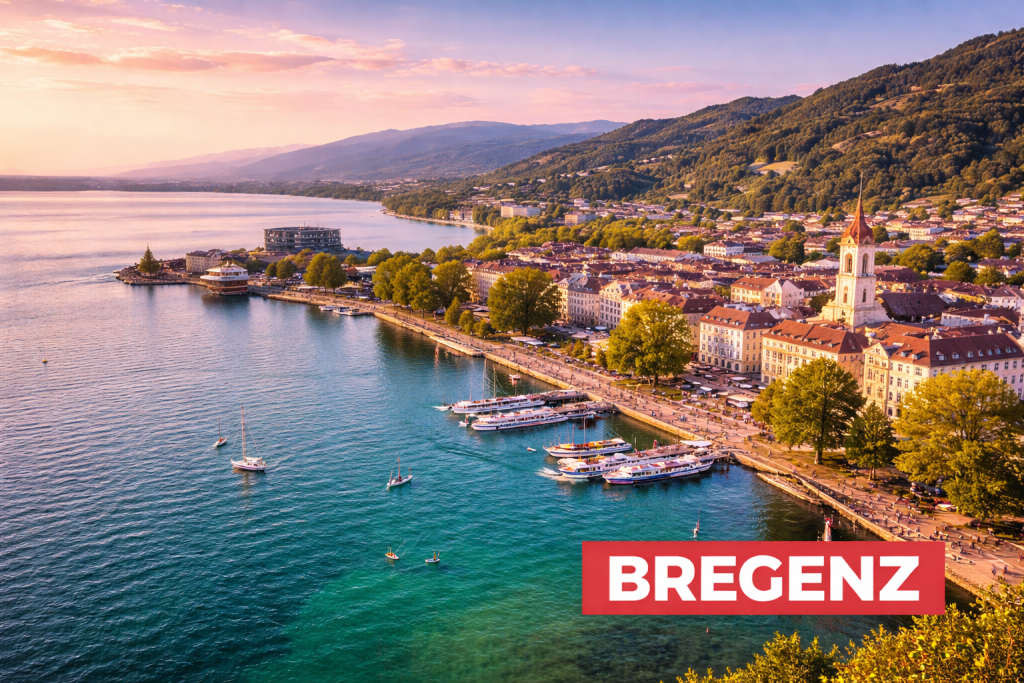 Bregenz am Bodensee mit Hafen, Seepromenade und Alpen im Hintergrund