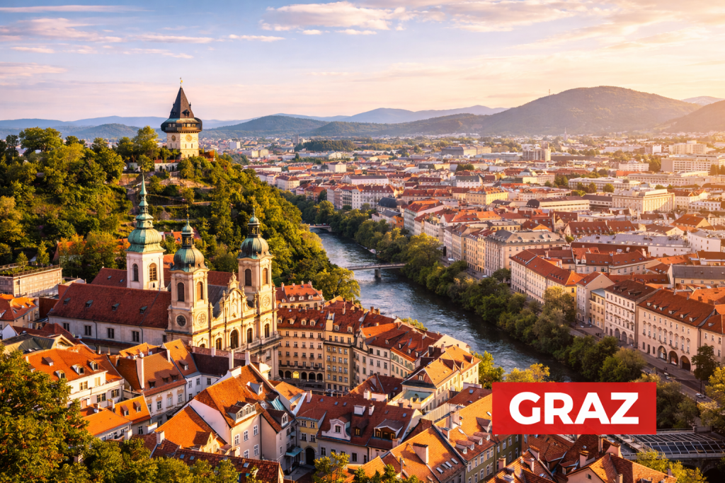 Graz mit Uhrturm auf dem Schlossberg, historischer Altstadt und roten Dächern der Innenstadt
