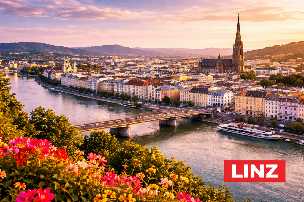 Linz mit Donauufer, moderner Architektur und historischer Altstadt bei sonnigem Wetter