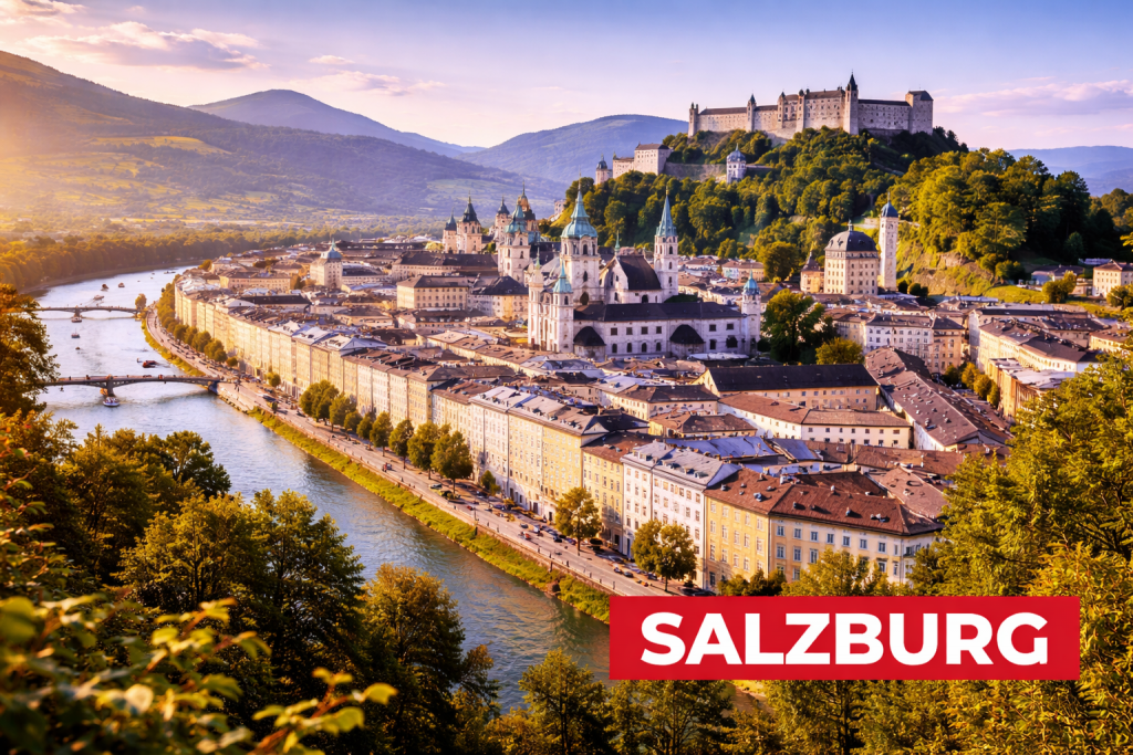 Salzburg mit Festung Hohensalzburg, Altstadt und Salzach-Fluss vor Alpenkulisse bei klarem Himmel