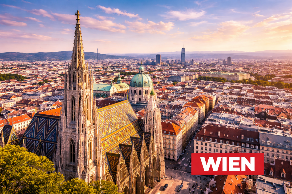 Skyline von Wien mit Stephansdom, historischer Altstadt und klassischer Architektur an einem sonnigen Sommertag