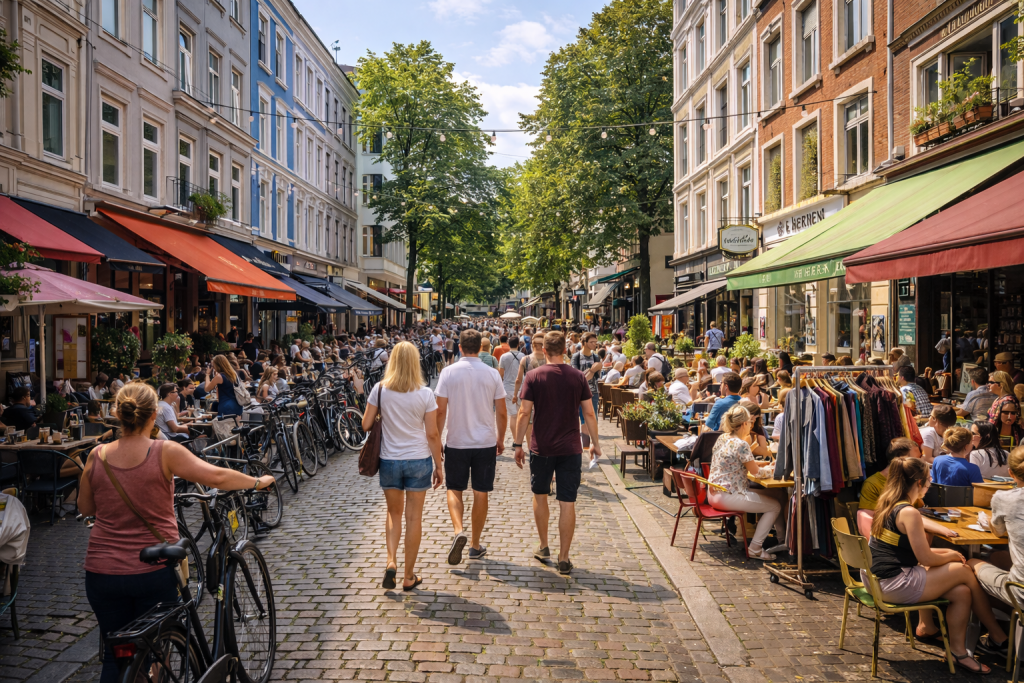 Lebendige Einkaufsstraße im Hamburger Viertel Ottensen mit Cafés, kleinen Shops und vielen Menschen.
