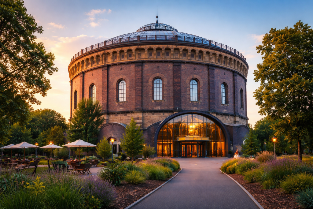 Panometer Leipzig in einem ehemaligen Gasometer mit roter Backsteinfassade und großer Glasfront am Eingang bei warmem Abendlicht.