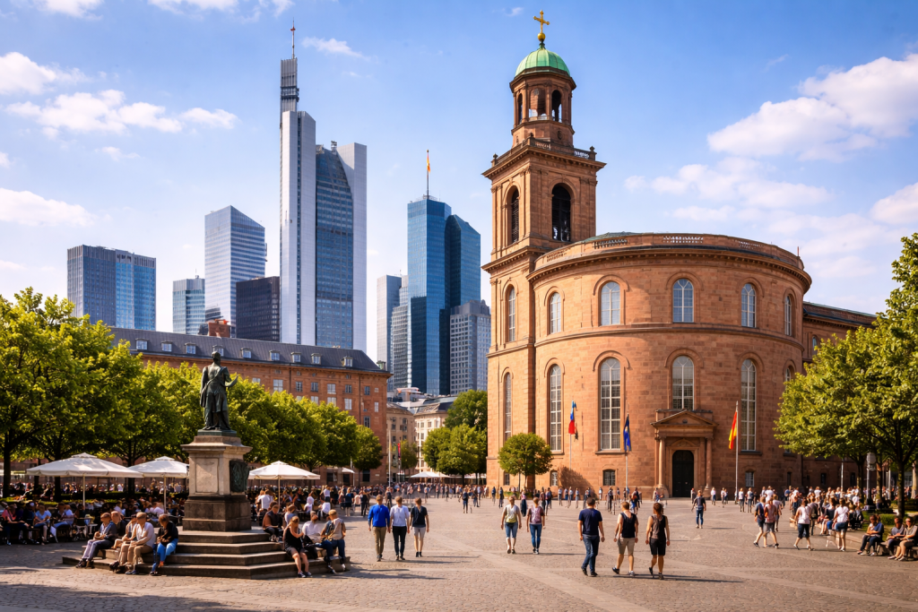 Paulskirche in Frankfurt am Main mit roter Sandsteinfassade und Skyline im Hintergrund.