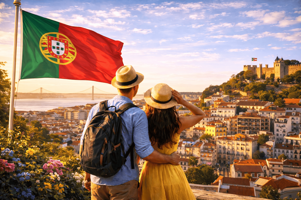 Portugiesische Küstenstadt mit Gebäuden, Meerblick und südlichem Flair