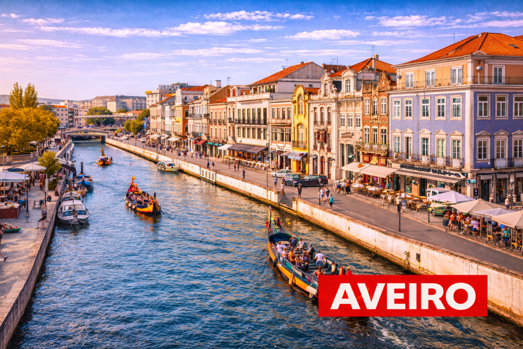 Aveiro mit Kanälen, bunten Moliceiro-Booten und historischer Architektur.