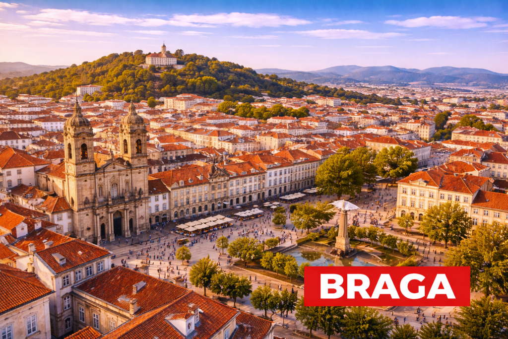 Braga mit barocker Architektur, Kathedrale und Blick auf die Altstadt.