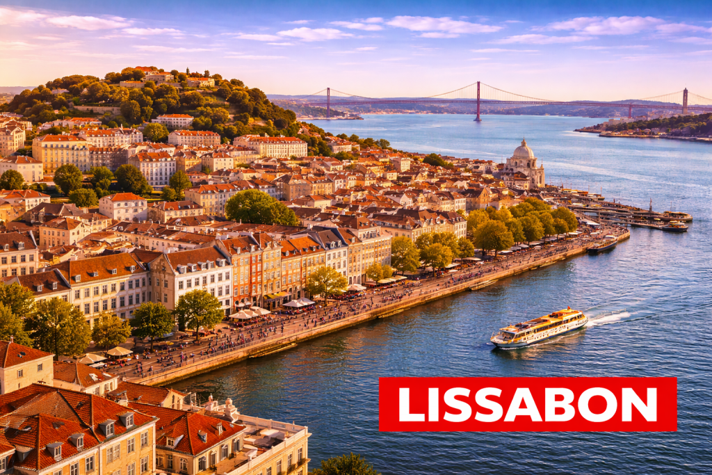 Skyline von Lissabon mit bunten Häusern, Tejo-Fluss und historischer Altstadt auf den Hügeln.