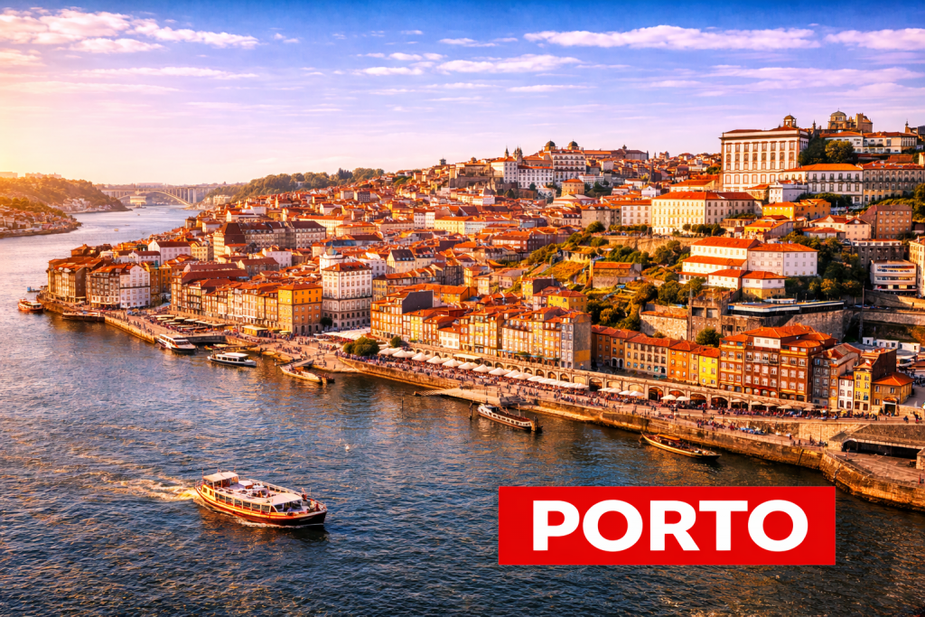 Porto mit Douro-Fluss, Ribeira-Altstadt und Dom-Luís-Brücke bei Sonnenschein.