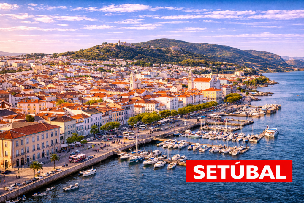 Setúbal mit Hafen, Altstadt und Blick auf die Serra da Arrábida.