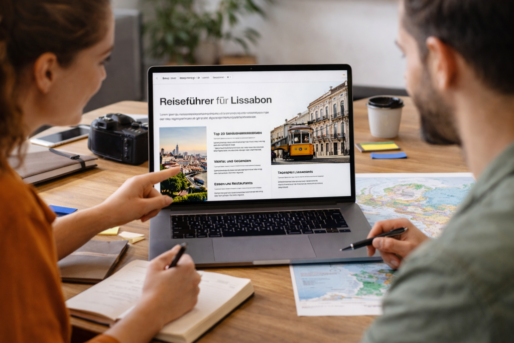 Redaktionsteam arbeitet an einem strukturierten Reiseguide am Laptop