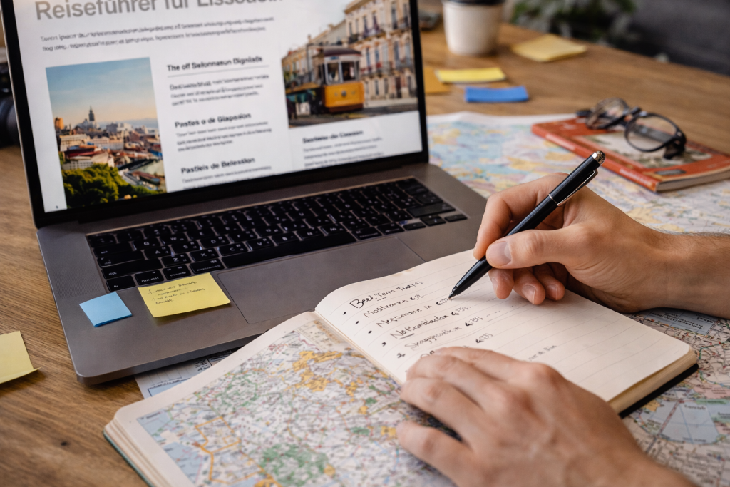Person schreibt Reiseguide mit Notizbuch, Laptop und Stadtkarte auf dem Schreibtisch