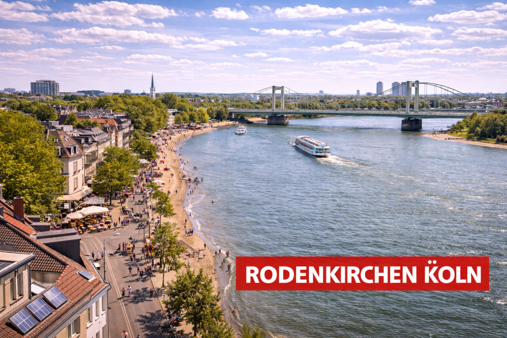 Rodenkirchen in Köln mit Rheinpromenade, Strandabschnitt und Rodenkirchener Brücke.