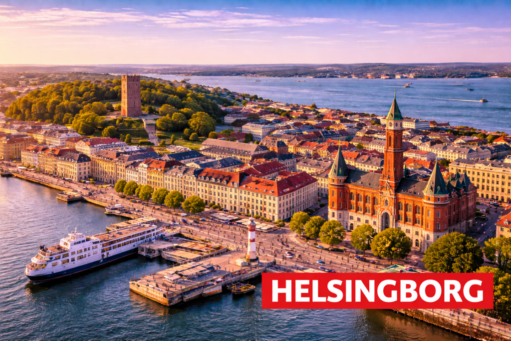 Helsingborg mit Hafen, Kärnan-Turm und Blick über den Öresund.