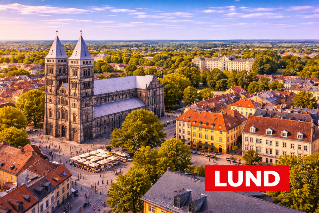 Lund mit romanischer Domkirche, Universitätsgebäuden und historischer Innenstadt.