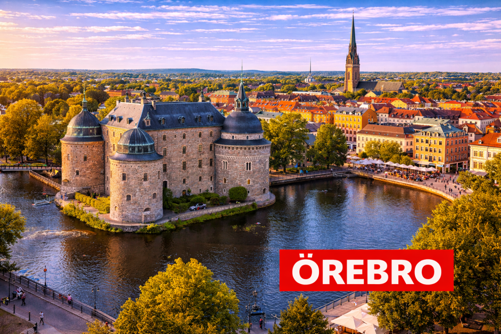 Örebro mit Schloss Örebro, Fluss Svartån und historischer Altstadt.
