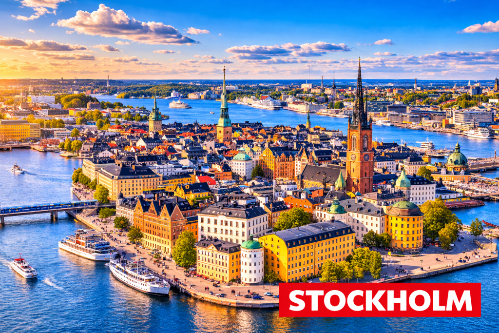 Stockholm mit bunten Häusern der Altstadt Gamla Stan, Wasserkanälen und Blick über die Schären.