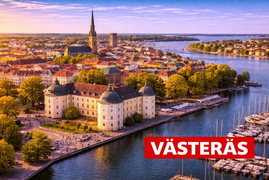 Västerås mit Domkirche, Mälarsee und moderner Uferpromenade.