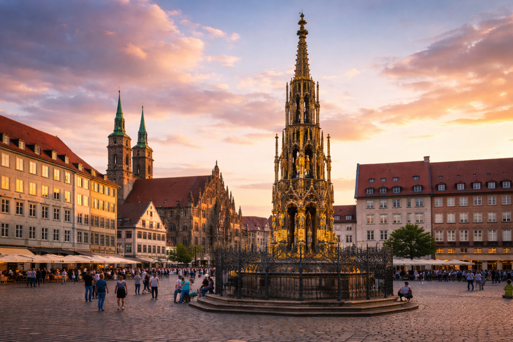 Der Schöne Brunnen auf dem Hauptmarkt in Nürnberg mit seinem filigranen gotischen Turm, umgeben von historischen Gebäuden der Nürnberger Altstadt.