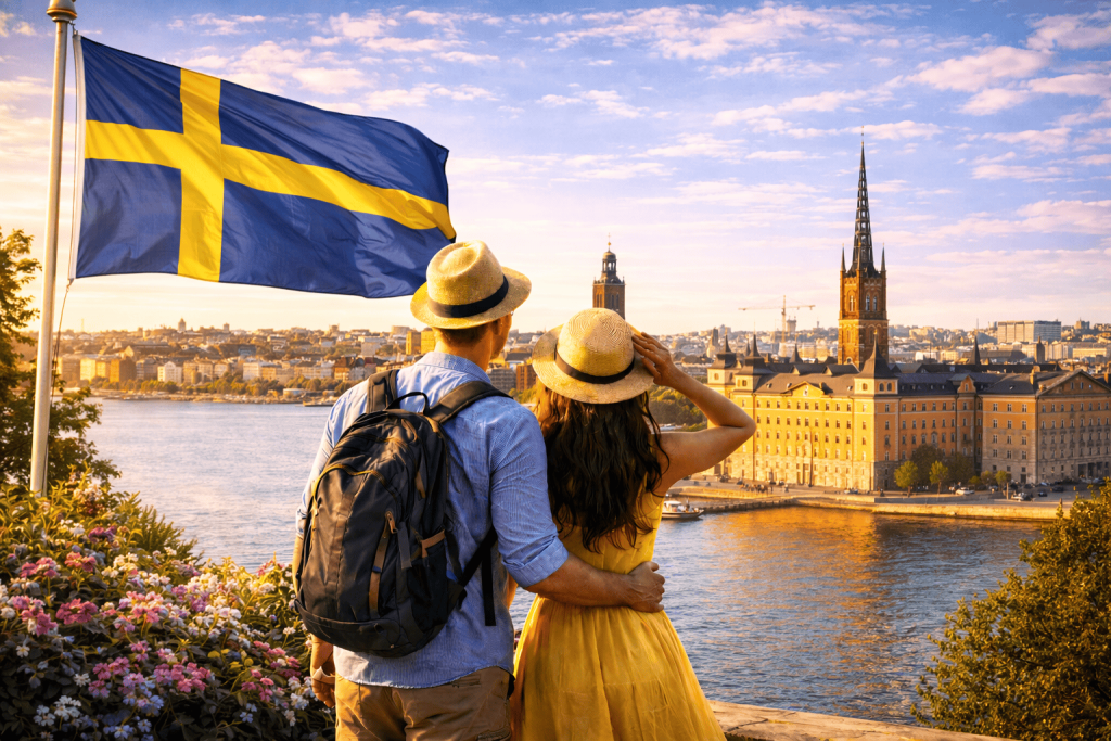 Schwedische Stadt mit moderner Architektur und natürlicher Umgebung