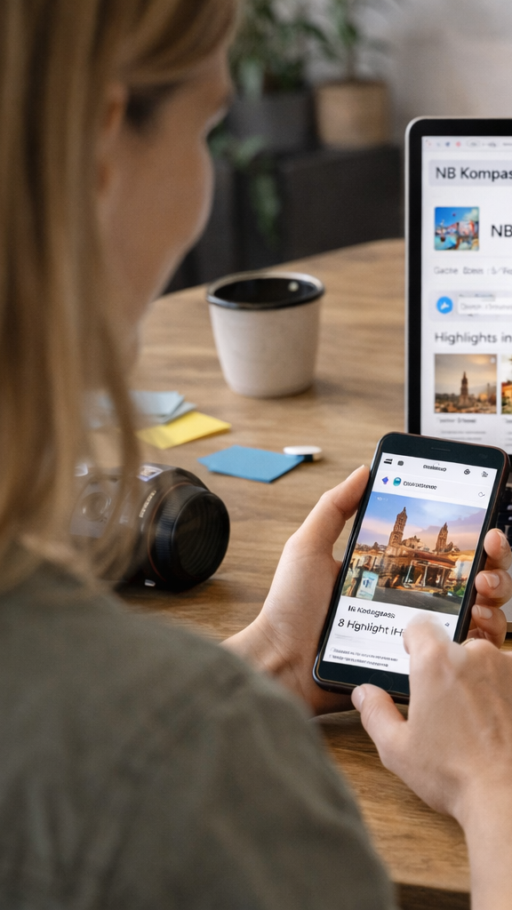 Person plant Social Media Beiträge für Reiseplattform am Laptop und Smartphone