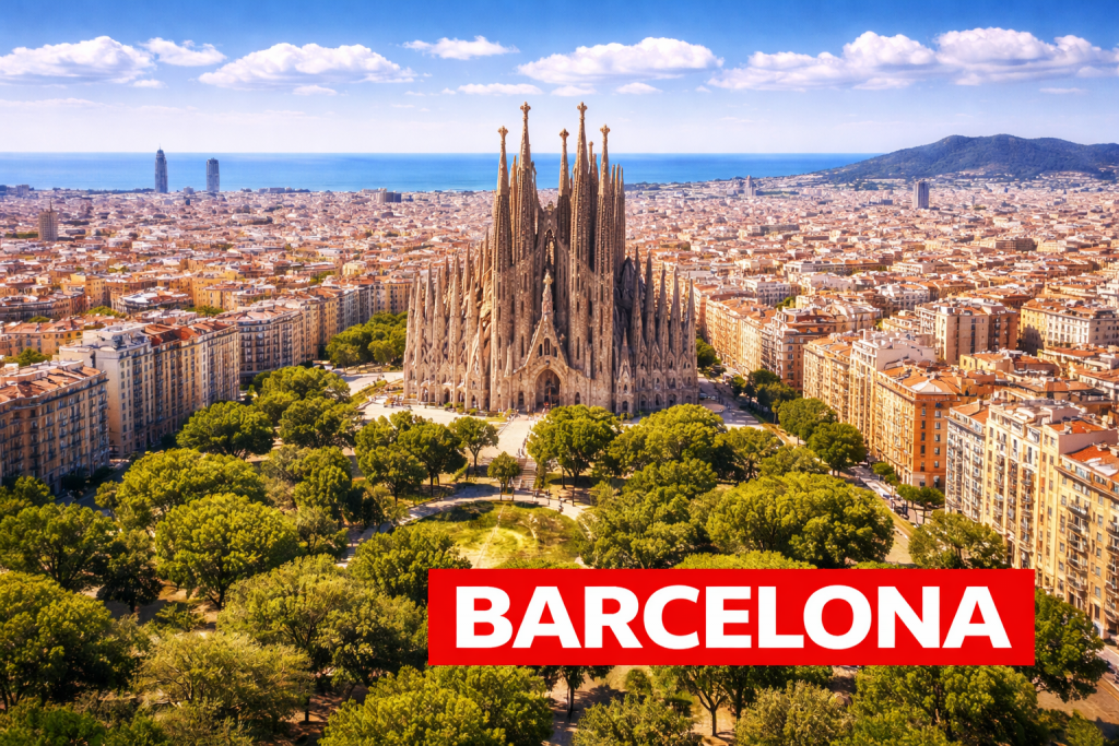 Skyline von Barcelona mit Sagrada Família, mediterraner Küste und dichter Altstadt unter blauem Himmel.