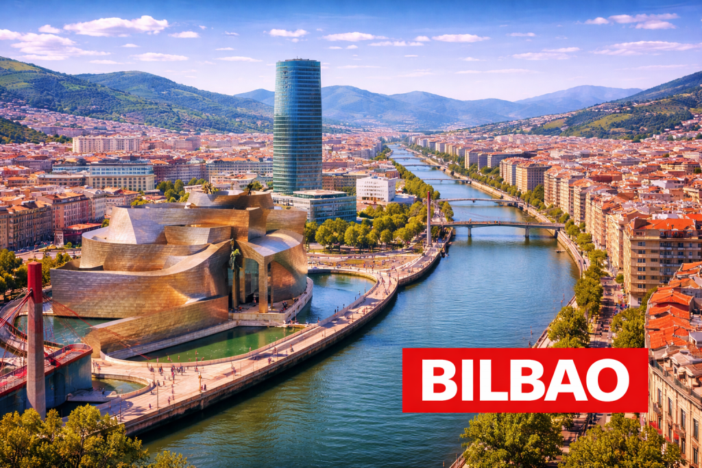 Bilbao mit Guggenheim Museum, moderner Architektur und Fluss Nervión.