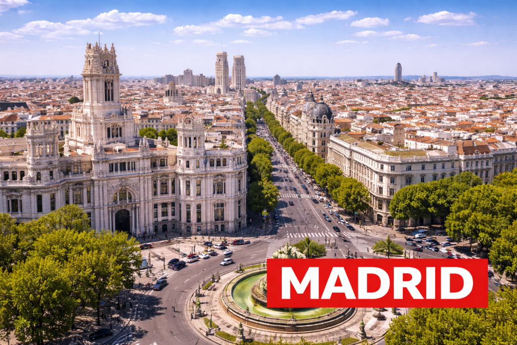 Innenstadt von Madrid mit historischen Gebäuden, großen Boulevards und moderner Skyline.