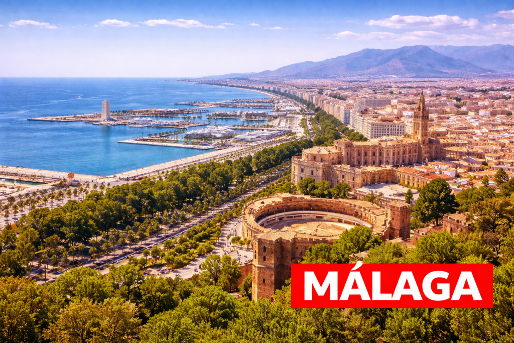 Málaga mit Hafen, Altstadt und Blick über die Küste der Costa del Sol.